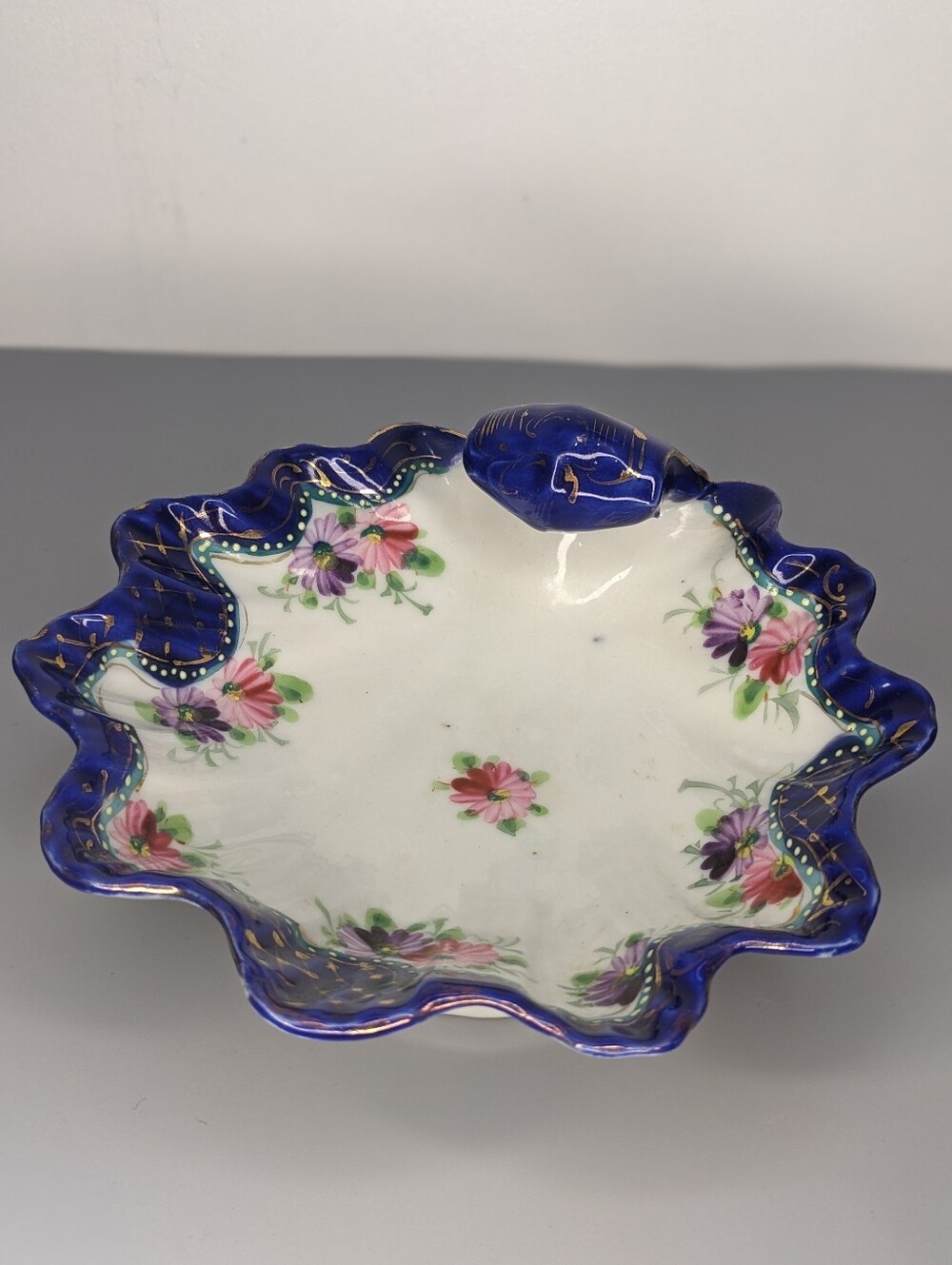 Vintage Japan Cobalt Blue Gold Porcelain Large Trinket Dish Floral Scalloped 70s